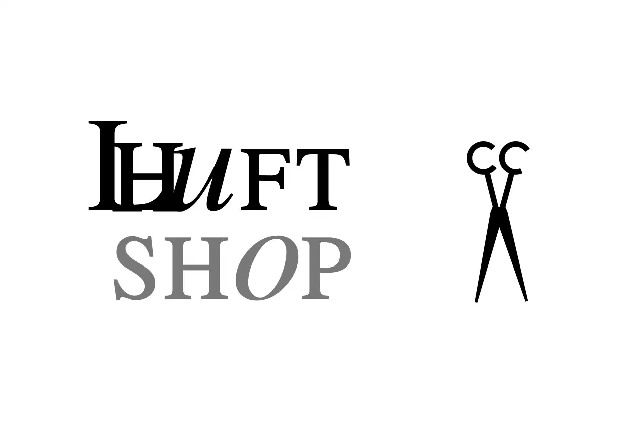 Ein klassisch anmutendes Ladenschild mit weißem und schwarzem Text für einen Friseursalon und einer Scherenillustration.