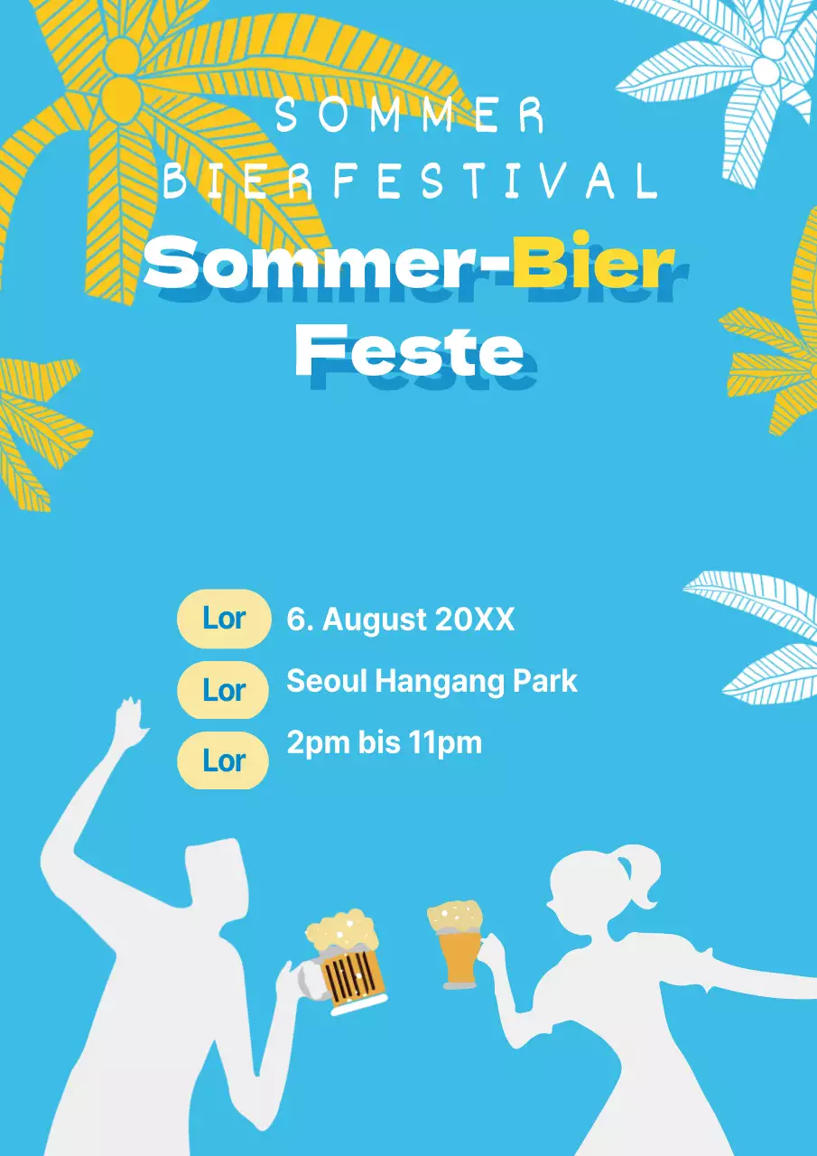 Werbung für ein Sommerbierfest mit Illustrationen auf hellblauem Hintergrund