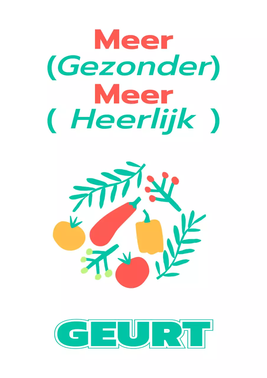Voor het promoten van een slagerij met eenvoudige illustraties van groenten en planten in turquoise en rood.