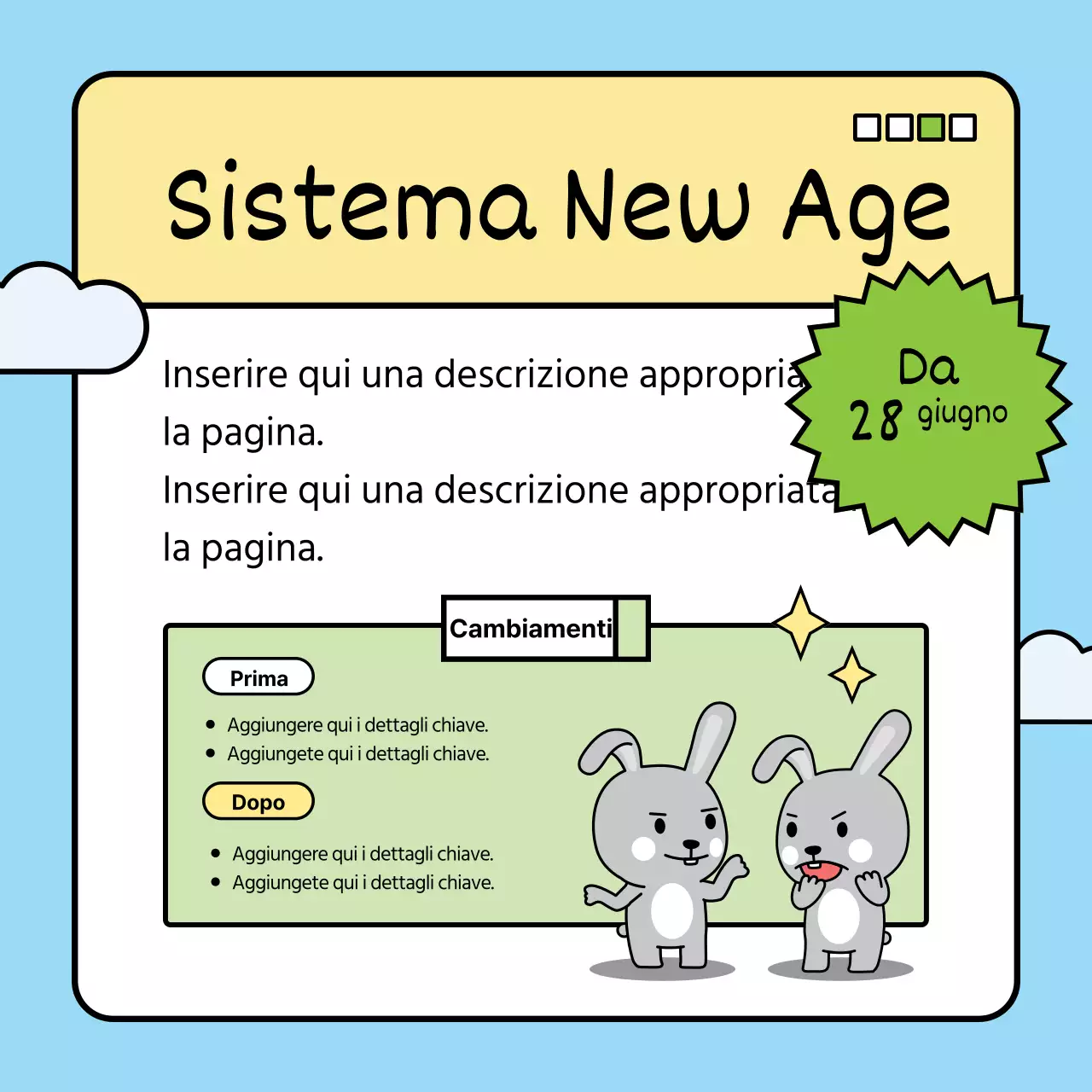 Presentiamo i cambiamenti della politica di quest'anno con un simpatico coniglietto in una combinazione di colori blu e verde.