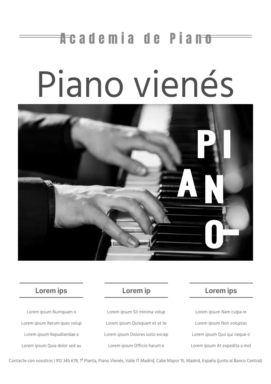 Promociona una escuela de piano limpia con una foto tuya en blanco y negro tocando el piano