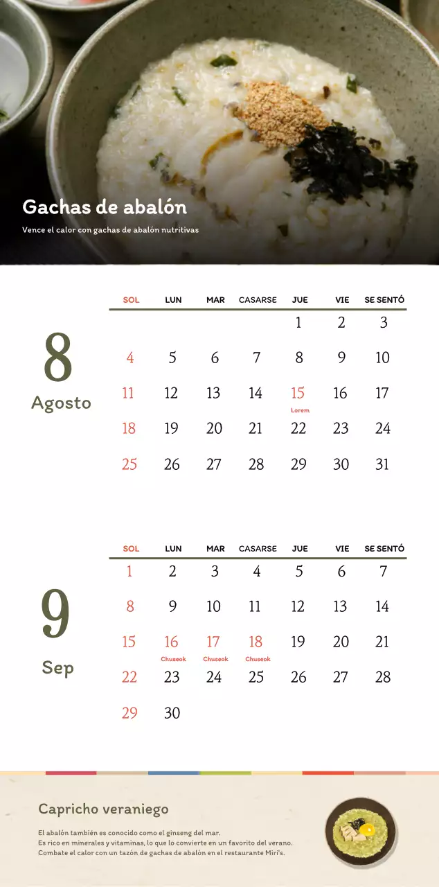 Concepto de restaurante coreano tradicional calendario de cupones en beige y marrón