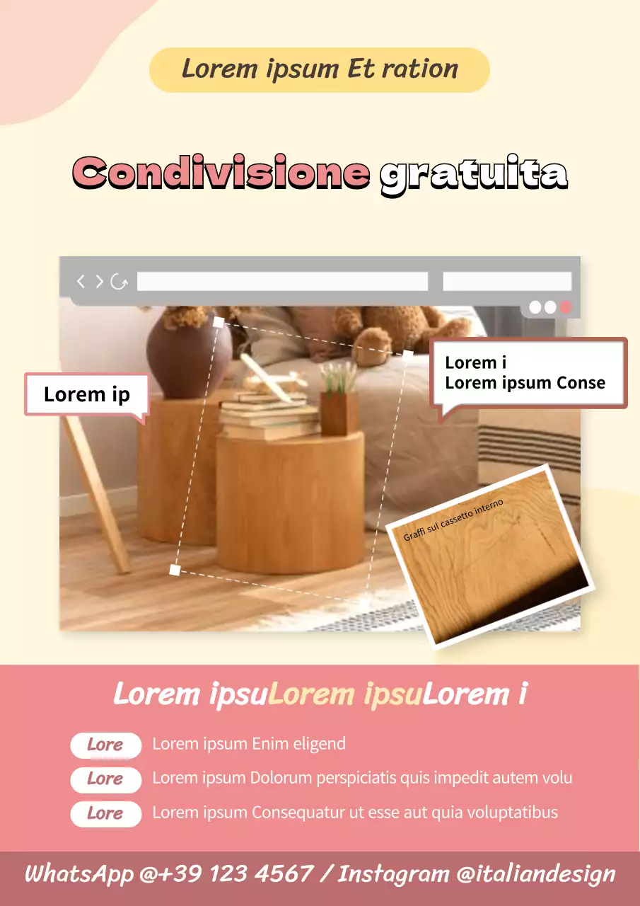 Poster che promuove la libera condivisione di mobili per interni nei toni del rosa tenue