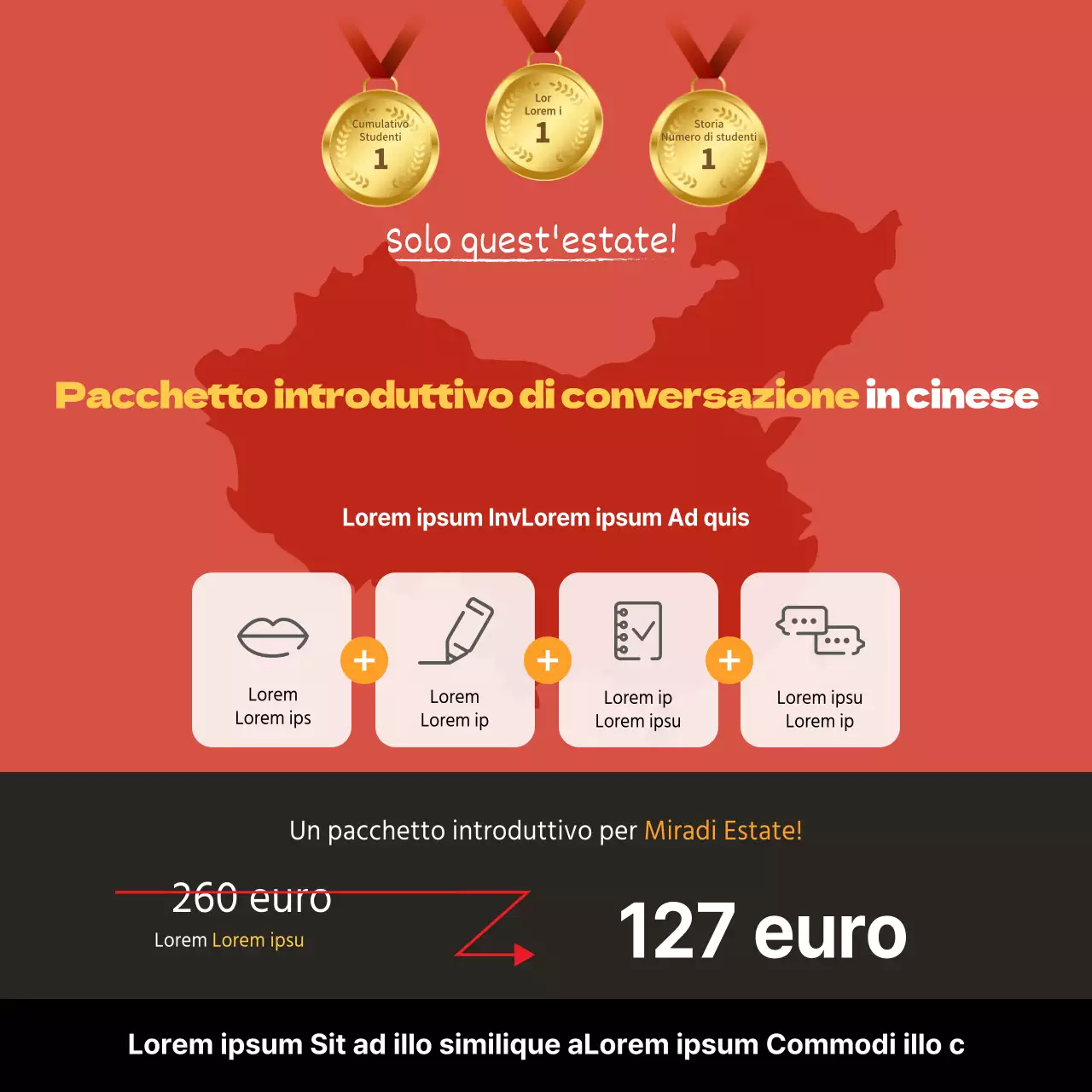 Striscione quadrato per la promozione di un pacchetto introduttivo di conversazione in cinese con illustrazione di una mappa rossa.