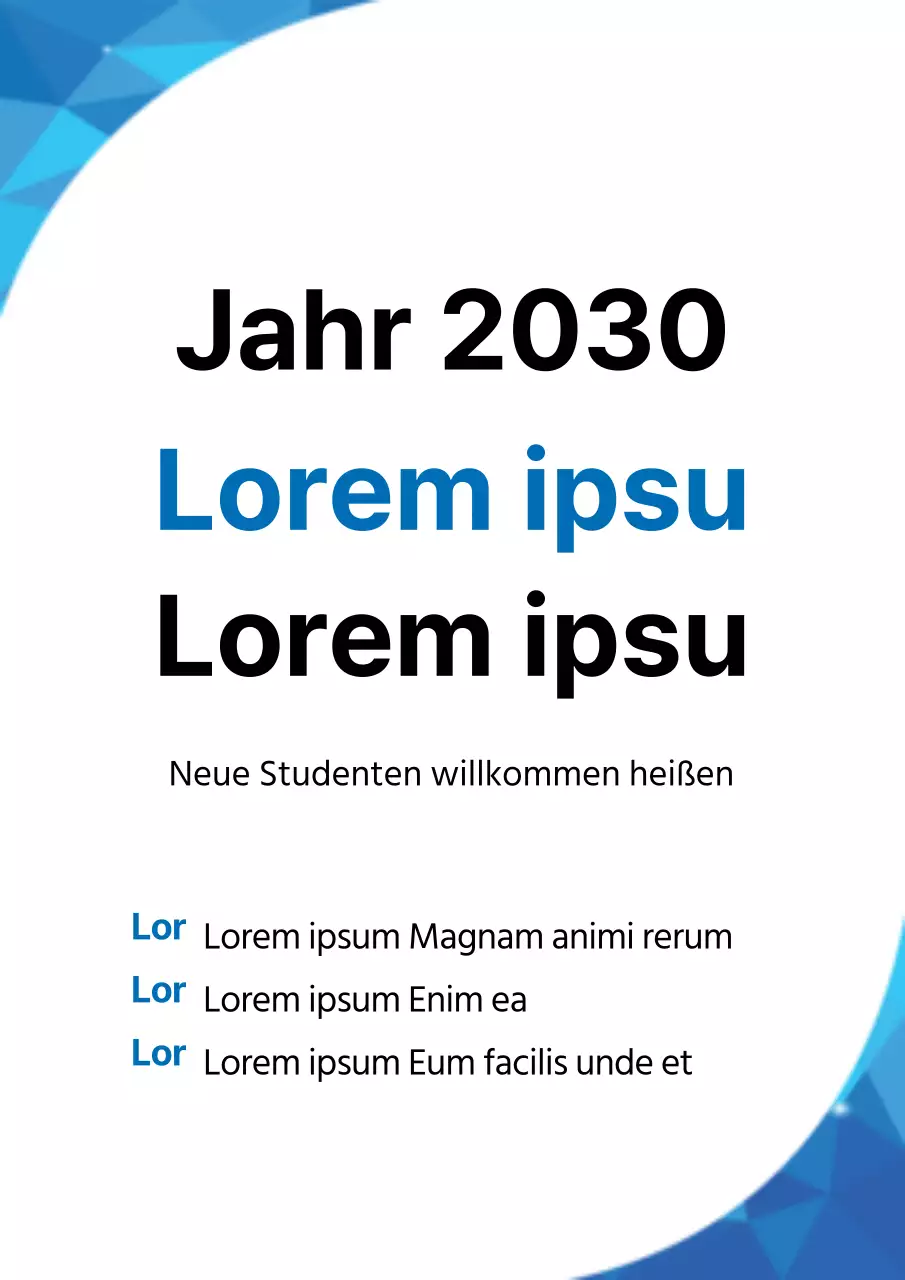 Ein einfacher weiß-blauer Flyer für eine Veranstaltung zur Begrüßung neuer Studenten an einer Universität