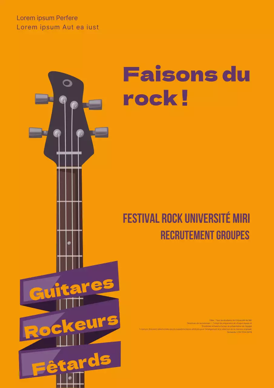 Promotion simple d'un festival de rock universitaire avec des illustrations de guitares orange et violettes