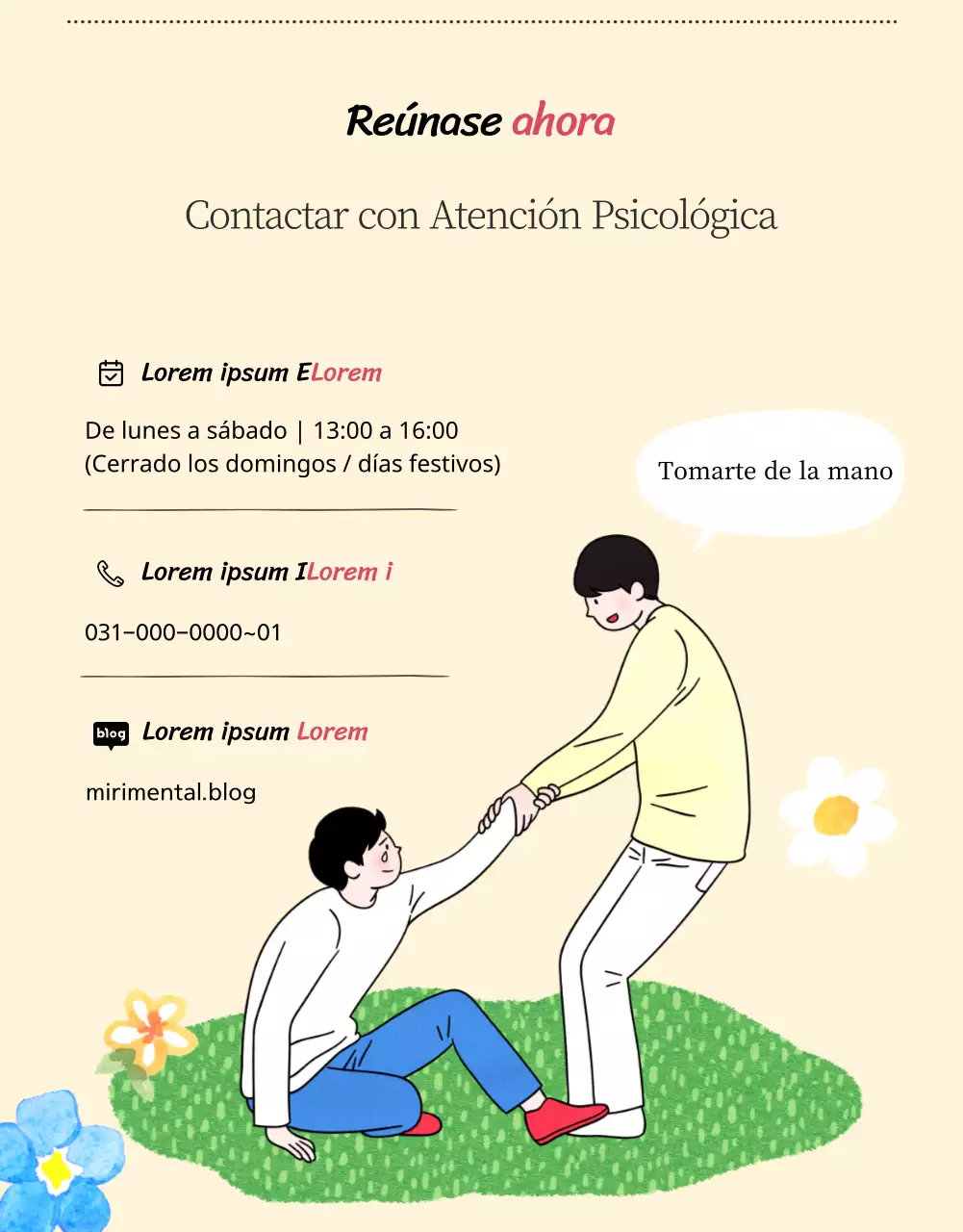 Un centro de asesoramiento psicológico para jóvenes con ilustraciones cálidas y acogedoras en beige y colores primarios.