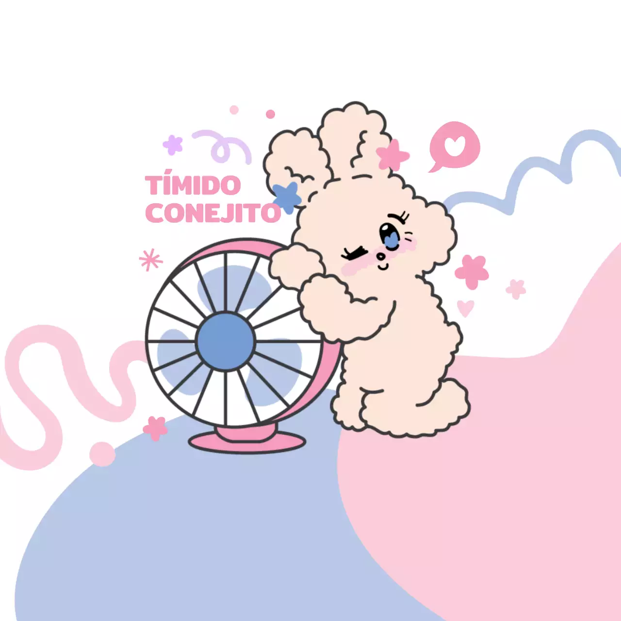 Productos personalizados con simpáticos personajes de conejitos e ilustraciones de abanicos en colores rosa y pastel.