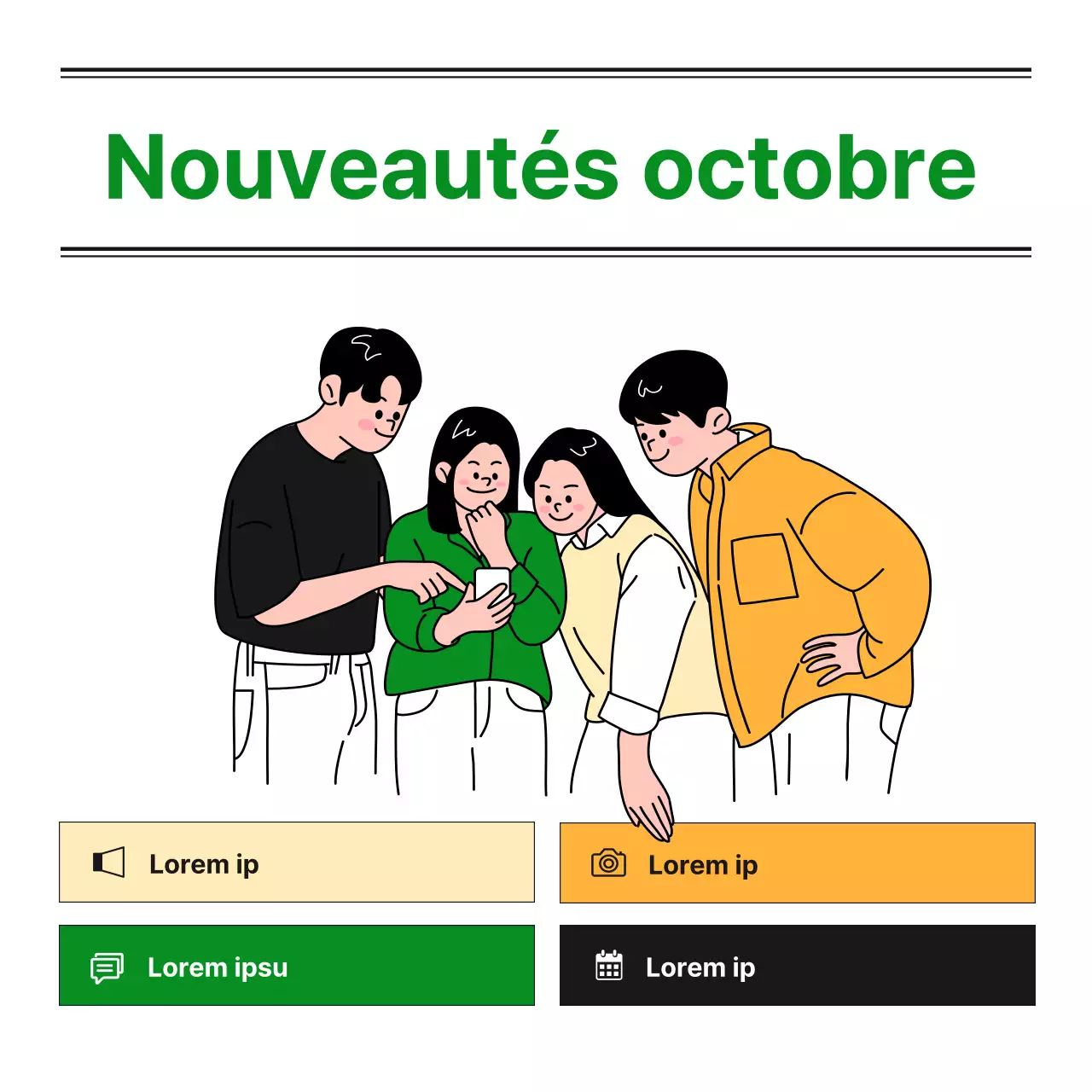 Lettre d'information mensuelle d'un département de licence d'une université avec un blog mignon, soigné et simple en vert et orange et des illustrations monotones de Notion.