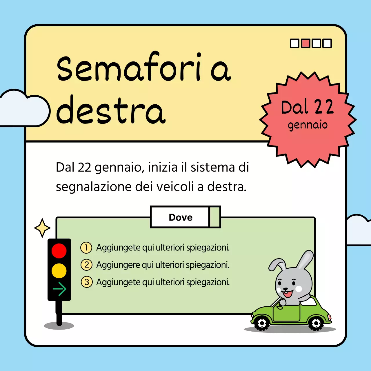 Presentiamo i cambiamenti della politica di quest'anno con un simpatico coniglietto in una combinazione di colori blu e verde.