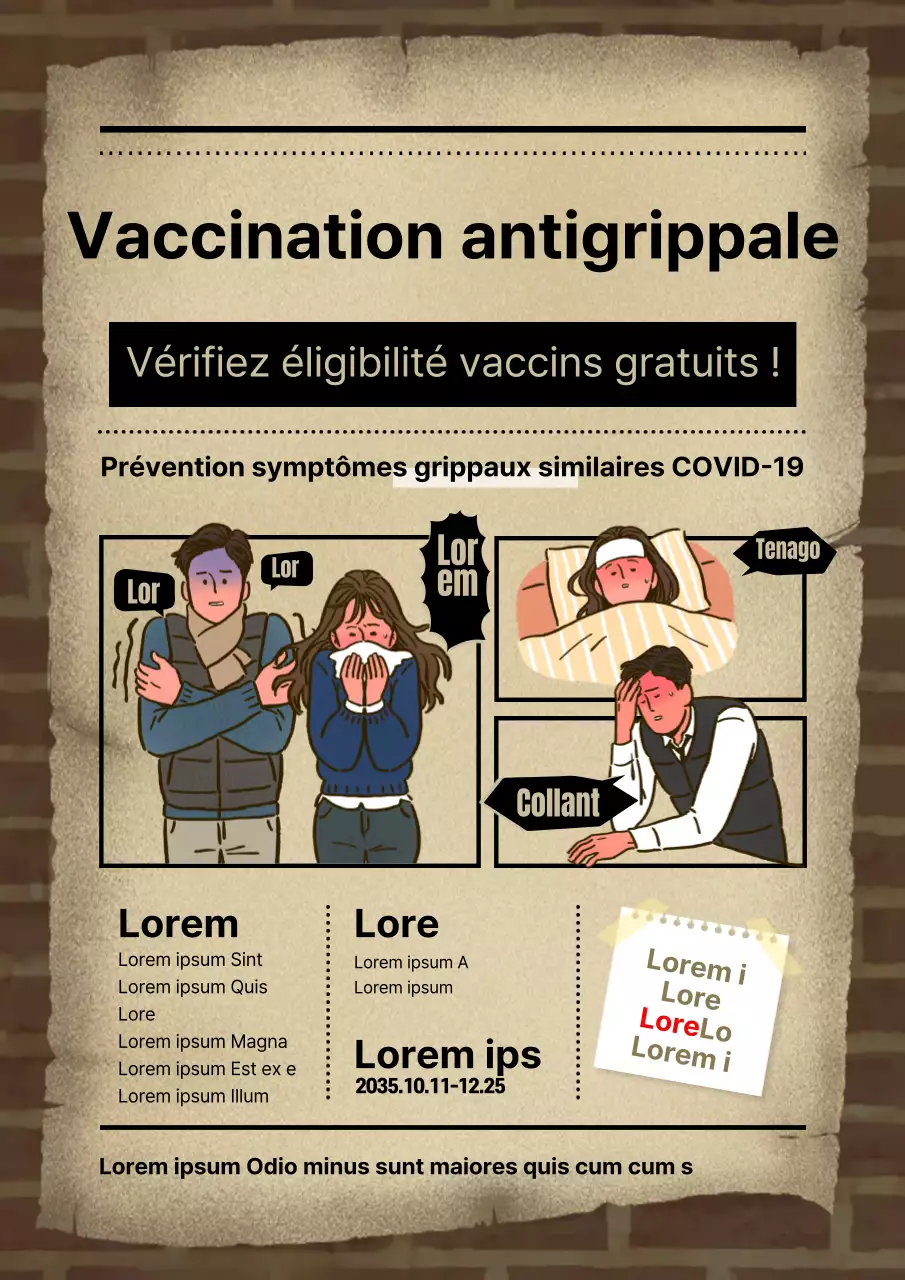 Concept caricatural de guide de vaccination en milieu hospitalier sur fond de briques brunes et d'illustrations de personnes malades en texture de papier