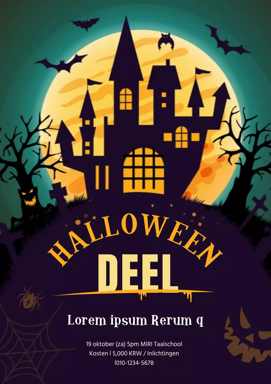 Promoot een Halloweenfeest voor een Engelse taalschool met een schattig concept met een zwarte spookkasteelillustratie