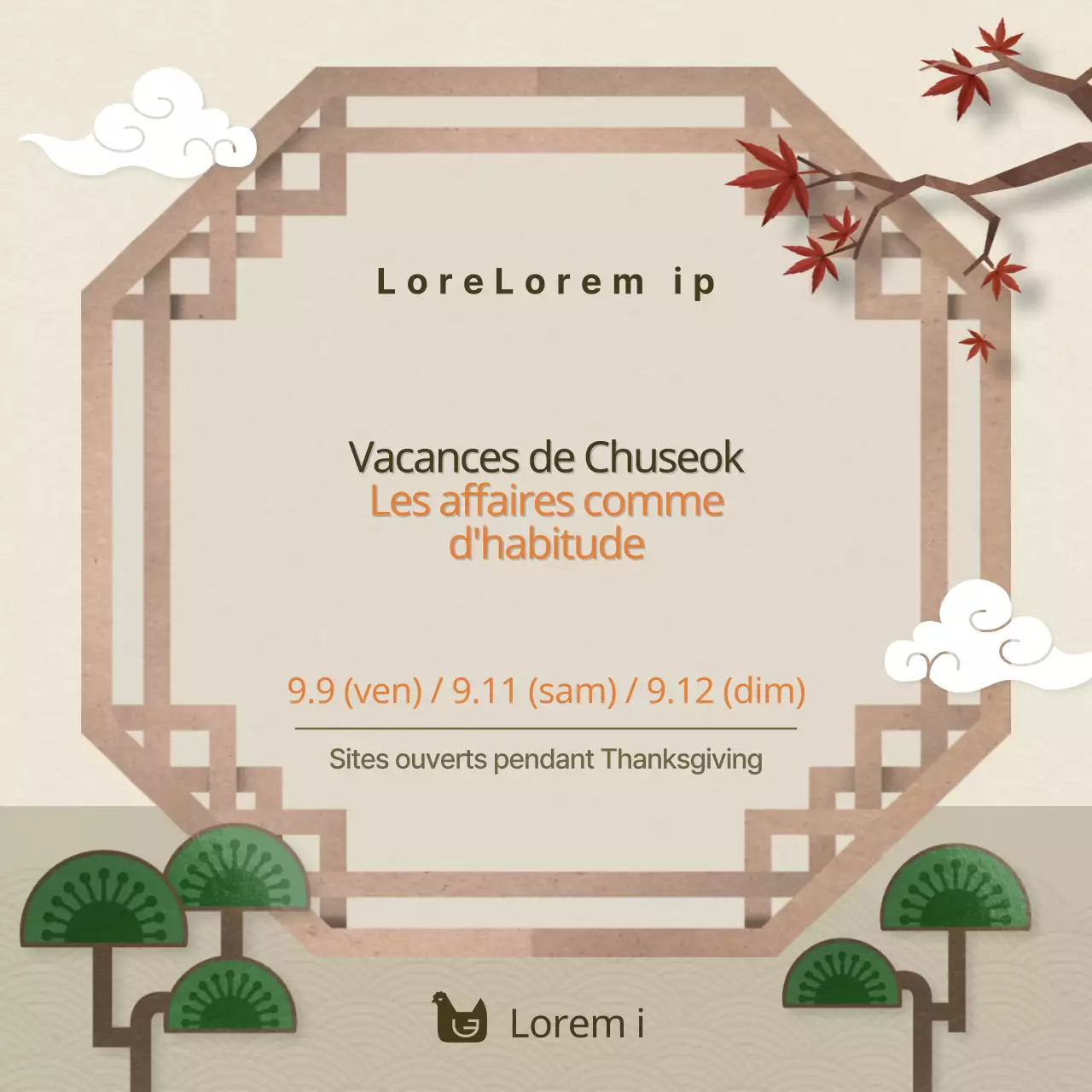 Fête de Chuseok Heures d'ouverture normales avec des motifs traditionnels bruns