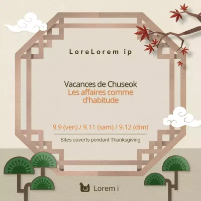 Fête de Chuseok Heures d'ouverture normales avec des motifs traditionnels bruns