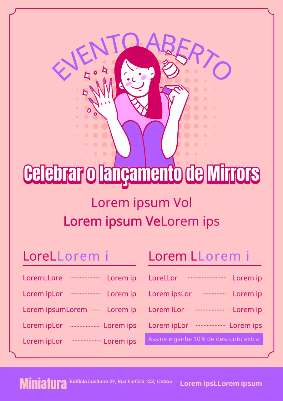 Evento de abertura de uma loja de nail art com ilustrações de pessoas a fazer nail art cor-de-rosa