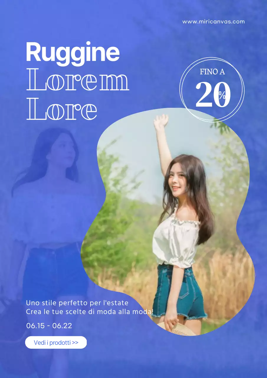 Volantino promozionale per una vendita di abbigliamento estivo chic in blu.