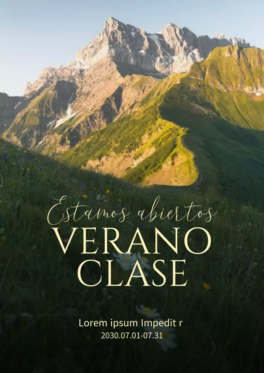 Clase de flores de un día en un paisaje clásico verde y amarillo de montañas y campos