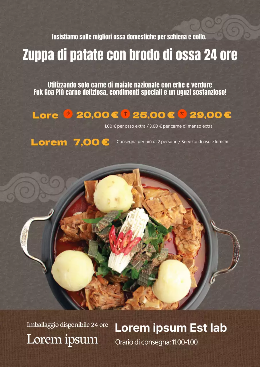 La foto marrone evidenzia il ristorante tradizionale che promuove la zuppa di patate in brodo d'ossa