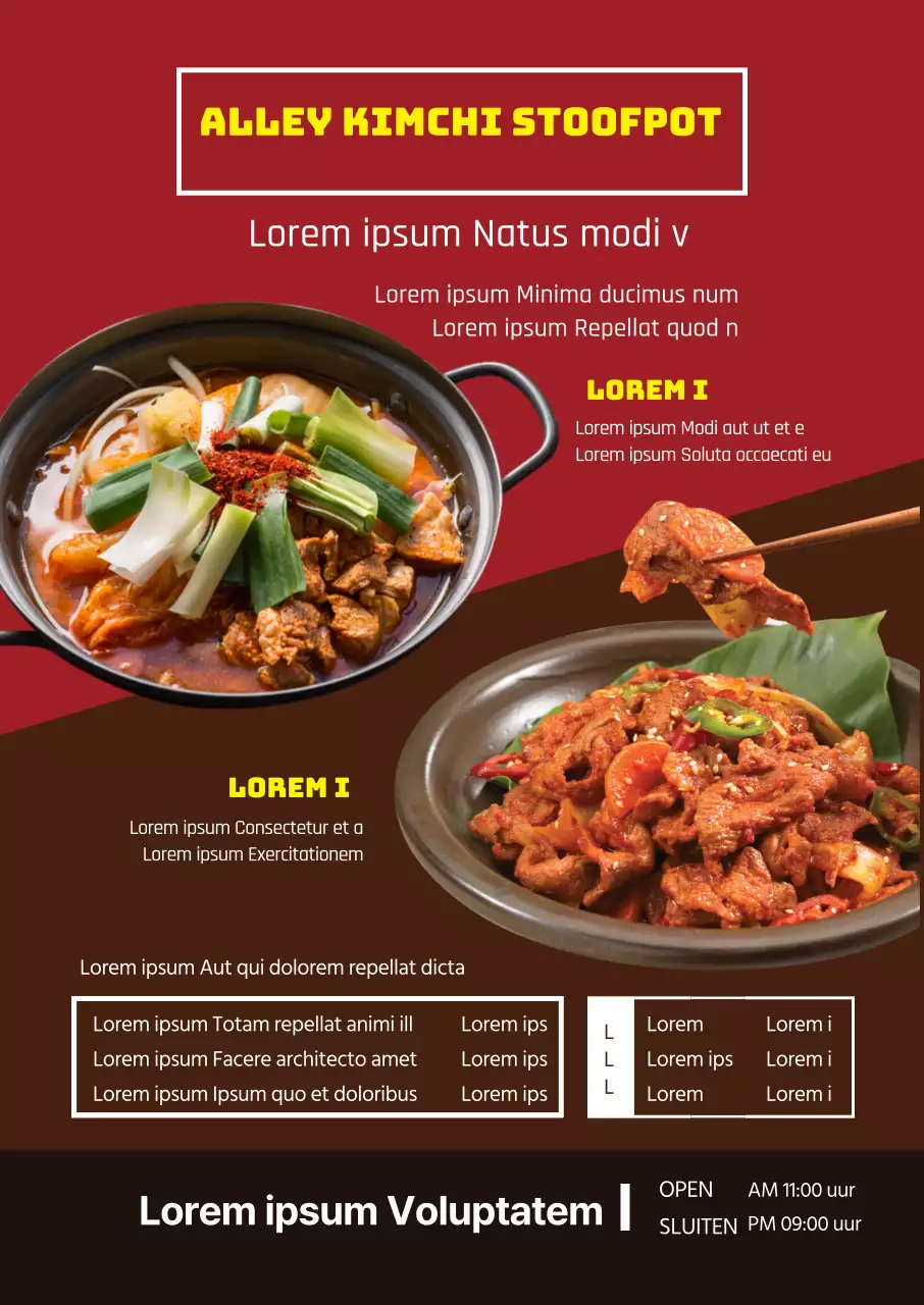 Rode foto benadrukt schoon restaurant met kimchi stoofvlees menu