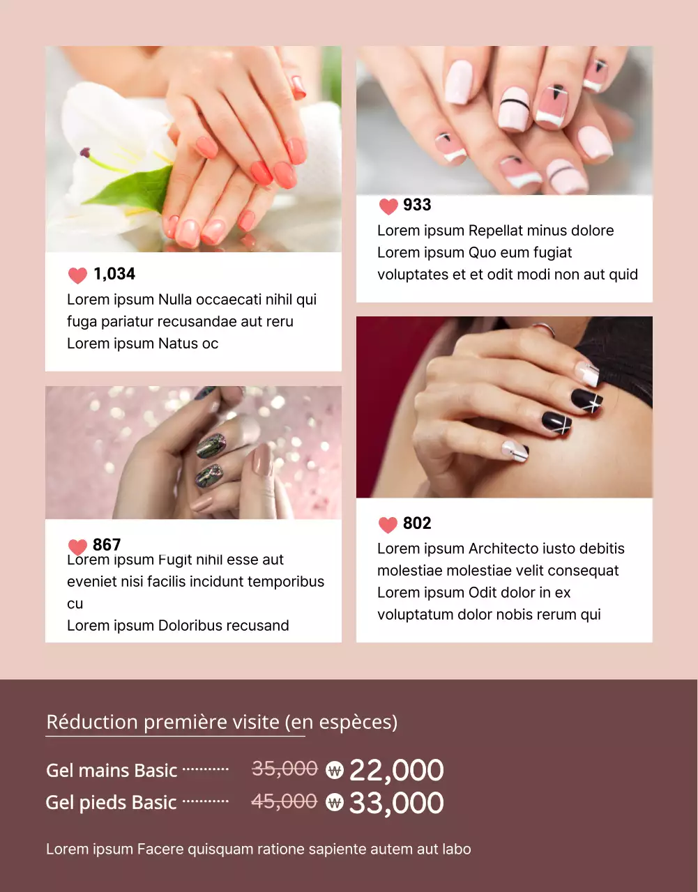 Thème promotionnel d'un salon de manucure au concept épuré, avec des tons de rose séché.