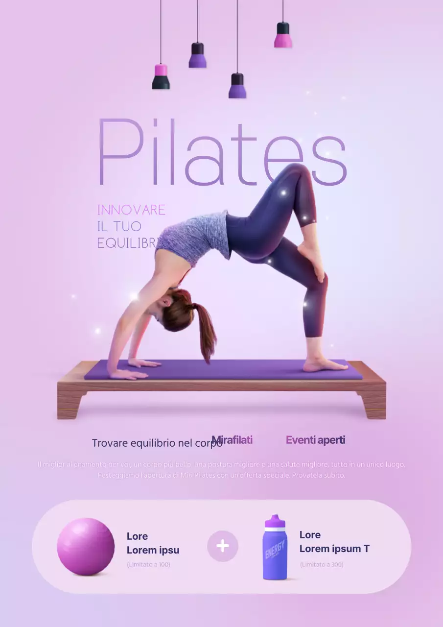 Promuovete un evento di apertura della scuola con una foto di voi che fate Pilates in viola.