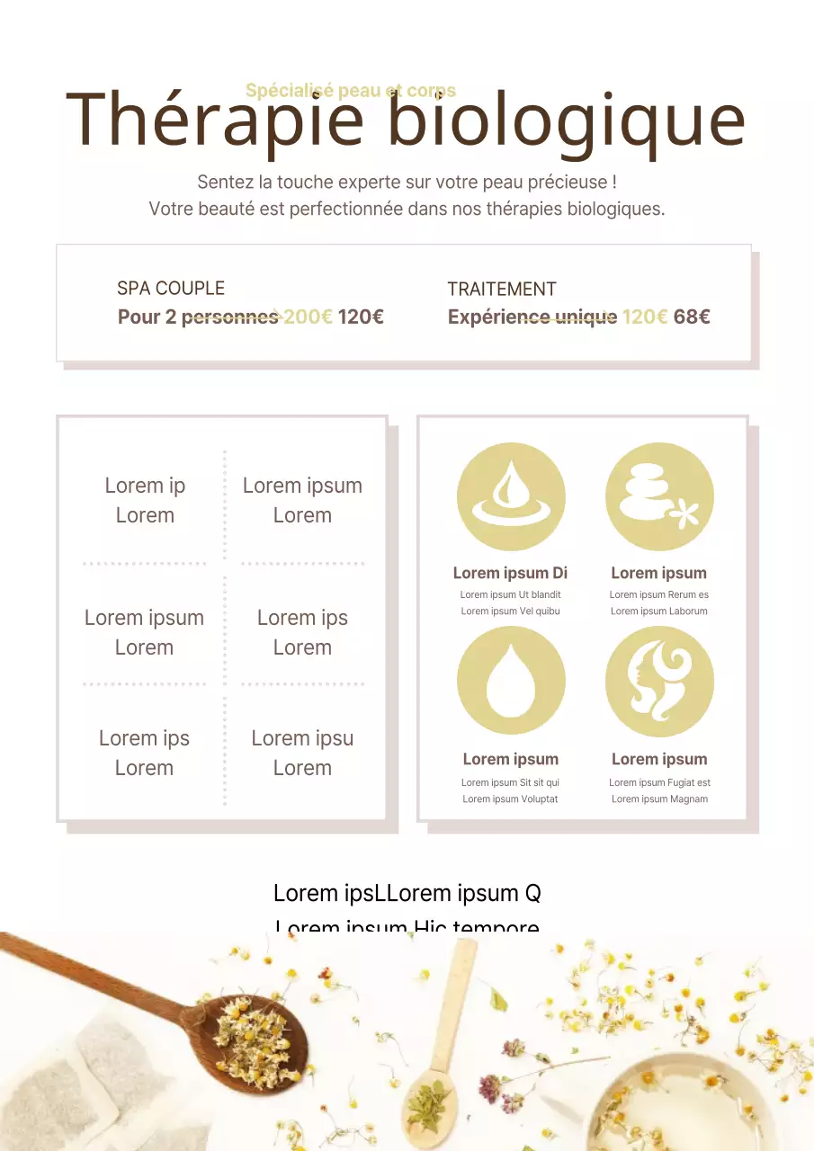 Promouvoir un salon de massage soigné avec des photos florales marron et ivoire et un look épuré