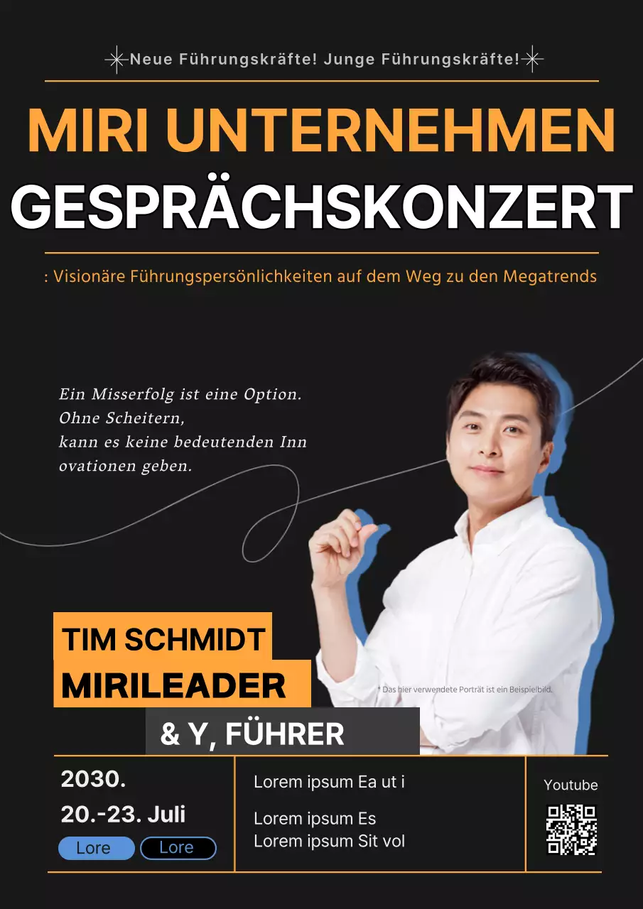 Werbeplakat für ein Seminar zum Geschäftsaustausch auf schwarzem Hintergrund
