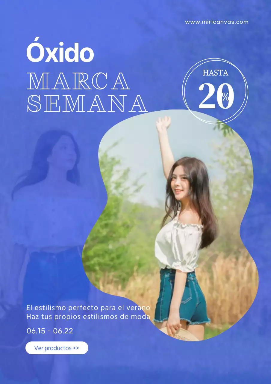 Folleto promocional para una elegante venta de ropa de verano en color azul.