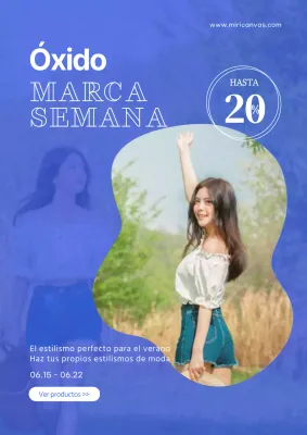Folleto promocional para una elegante venta de ropa de verano en color azul.