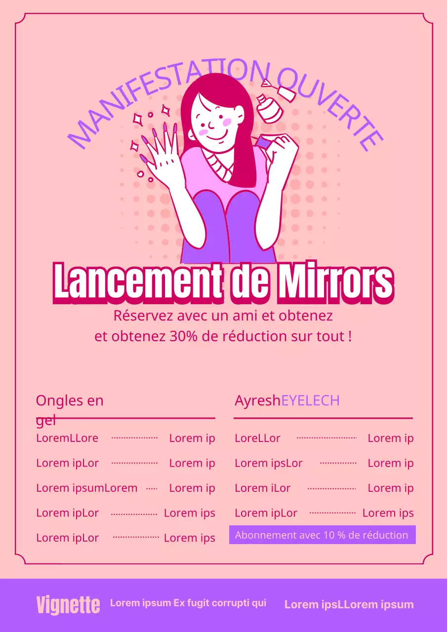 Ouverture d'une boutique de nail art avec des illustrations de personnes faisant du nail art rose