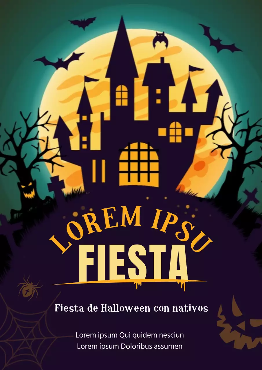 Promocione una fiesta de Halloween de una academia de inglés con un bonito concepto que muestra la ilustración de un castillo encantado en negro.