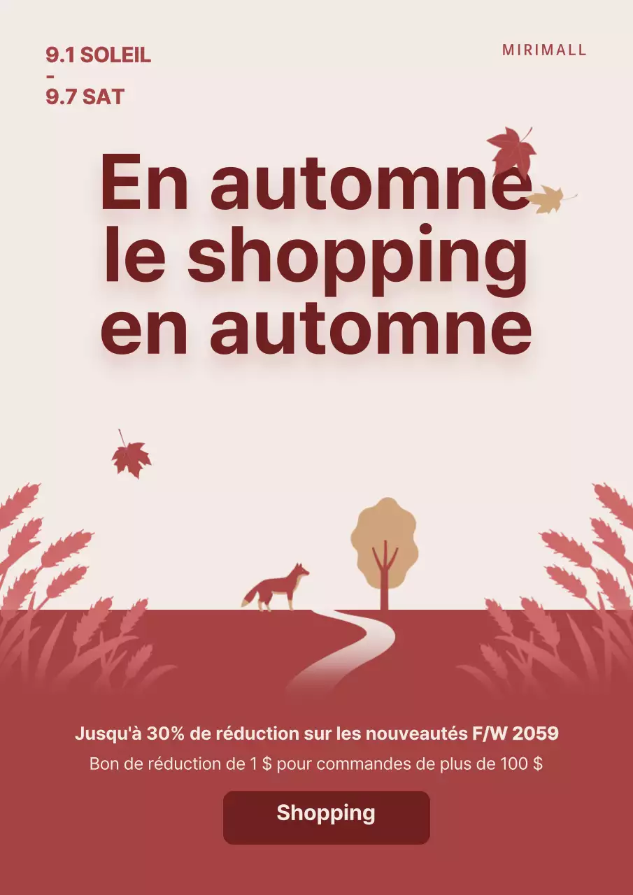 Faites la promotion de vos soldes d'automne avec une jolie illustration automnale en rouge.