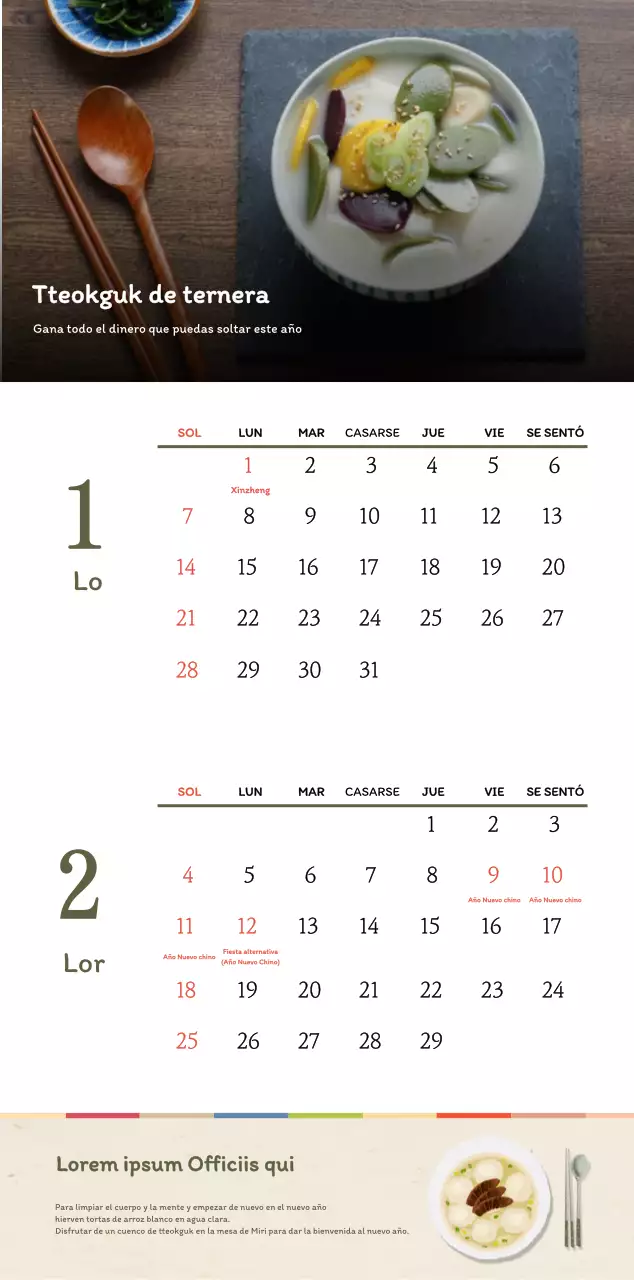 Concepto de restaurante coreano tradicional calendario de cupones en beige y marrón