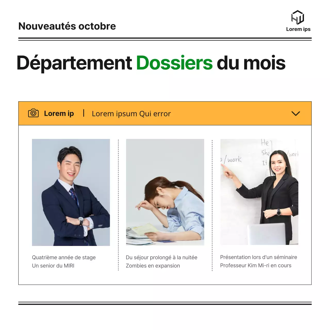 Lettre d'information mensuelle d'un département de licence d'une université avec un blog mignon, soigné et simple en vert et orange et des illustrations monotones de Notion.
