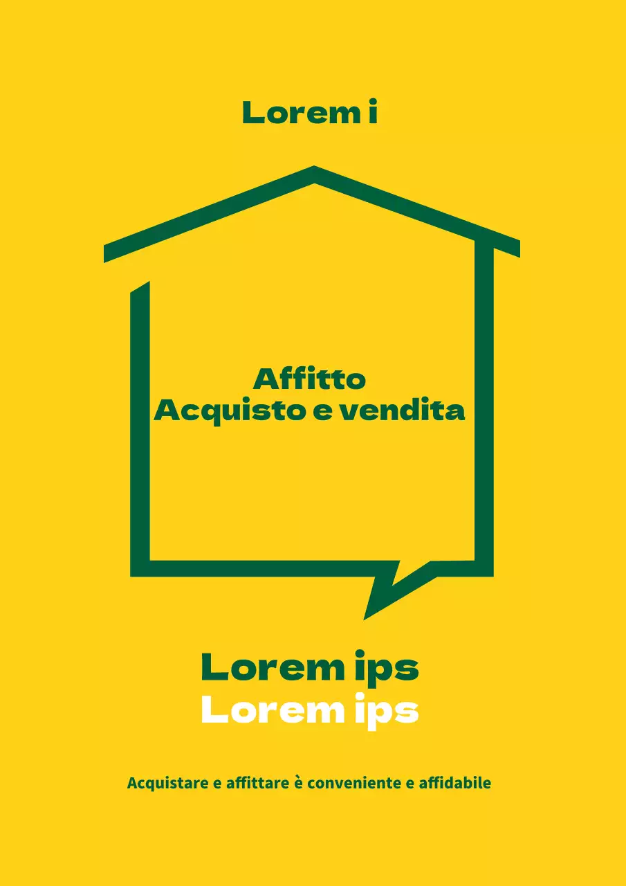 Semplice pezzo promozionale con illustrazione e testo di una casa gialla e verde