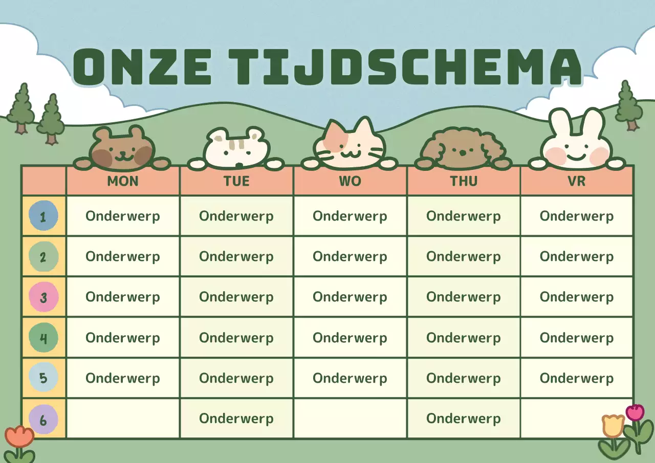 Dienstregeling met leuke illustraties in lichtblauw en groen