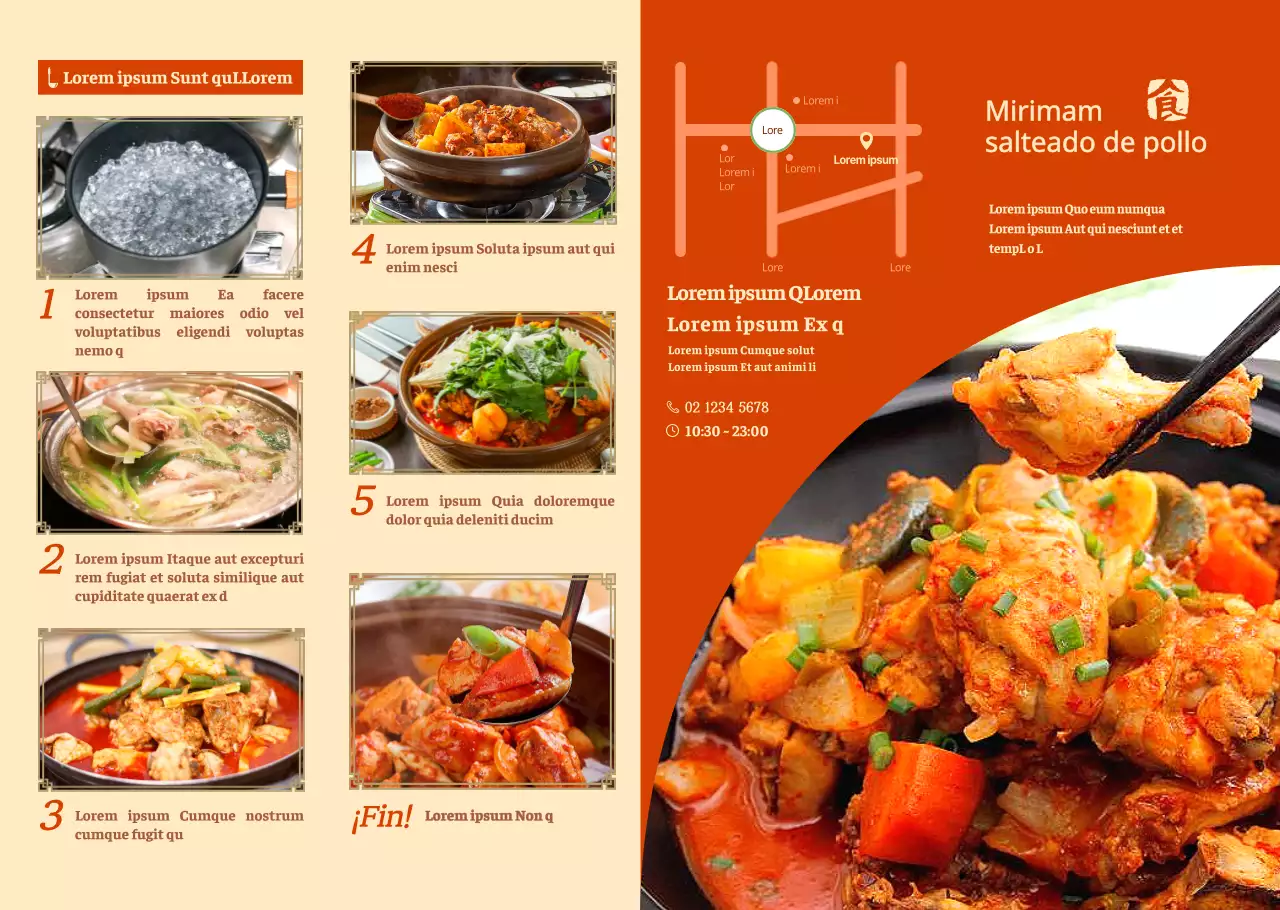 Folleto rojo del kit de comida con receta de pollo salteado