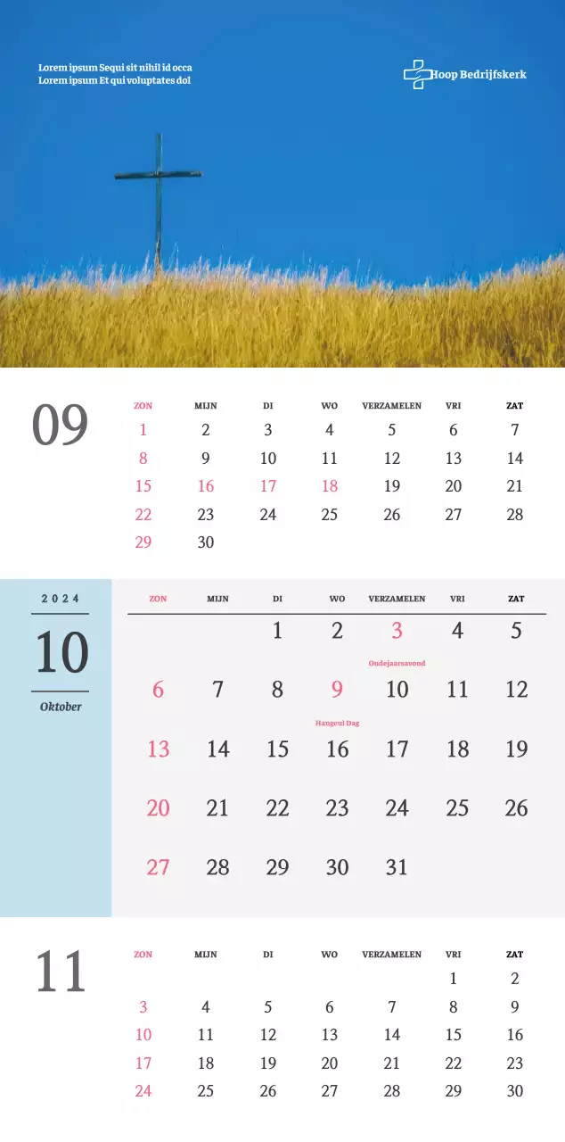 Eenvoudig concept kerkelijke muurkalender in zwart-wit met emotionele religieuze foto's