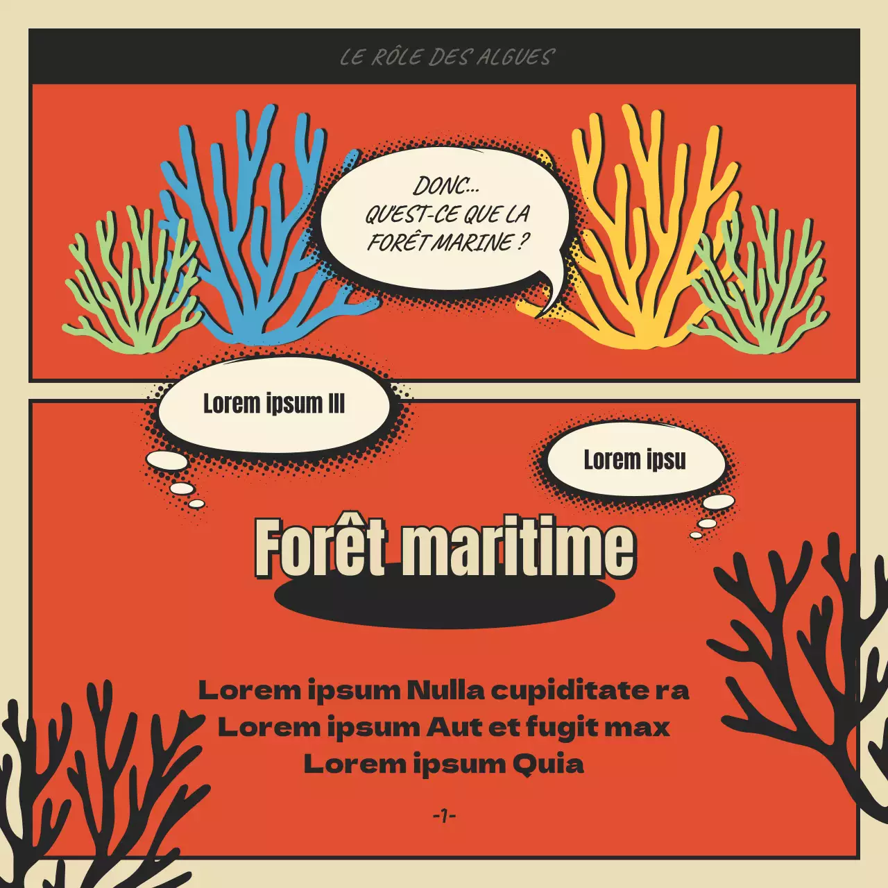 Concept caricatural de forêt marine et d'algues en rouge et noir