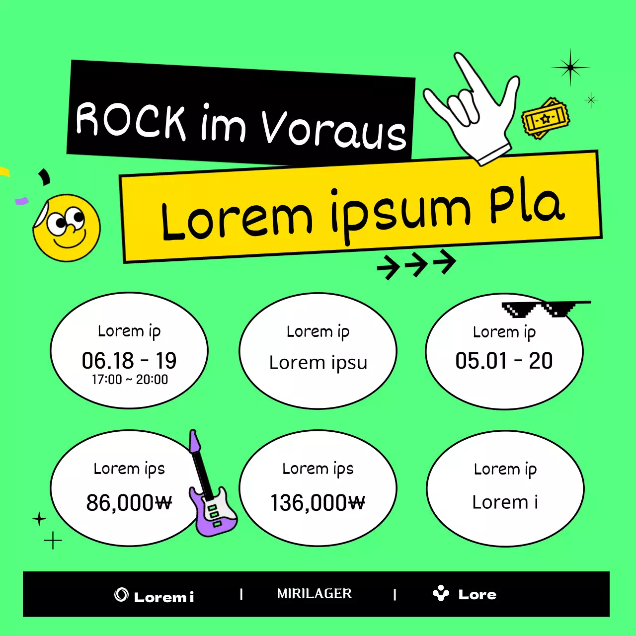 Sommerfestival-Rockband-Festivalführer mit klobigen, niedlichen und einzigartigen Illustrationen in Lila und fluoreszierendem Chartreuse.