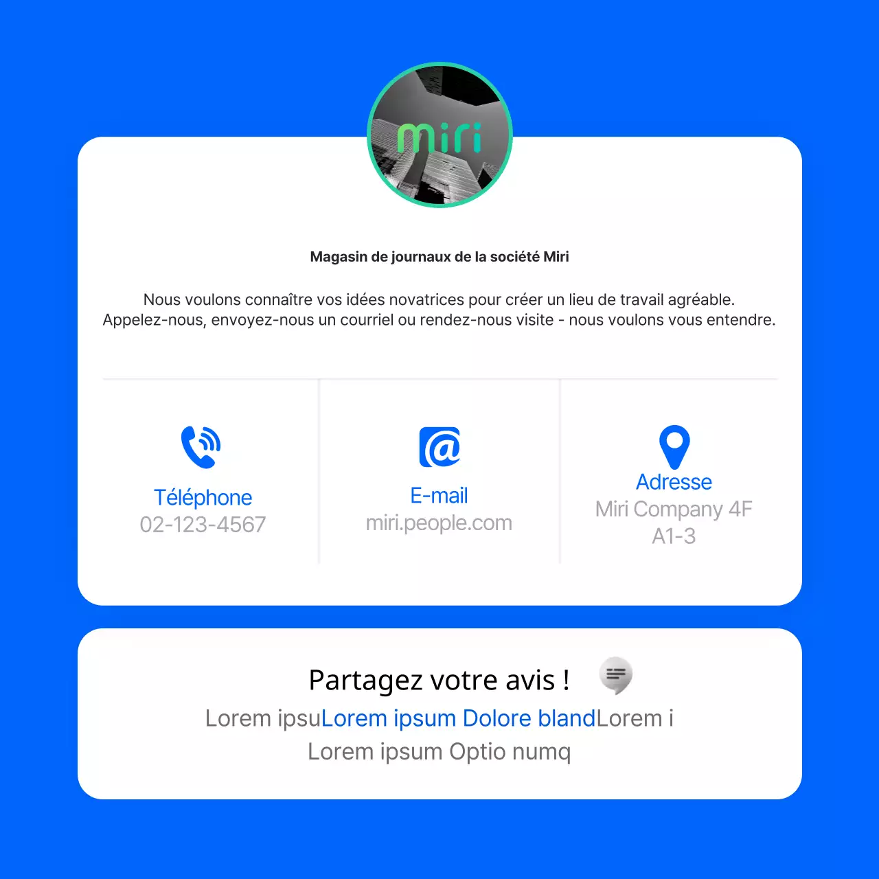Carte de débat sur le lieu de travail bleue et propre Conception de l'information