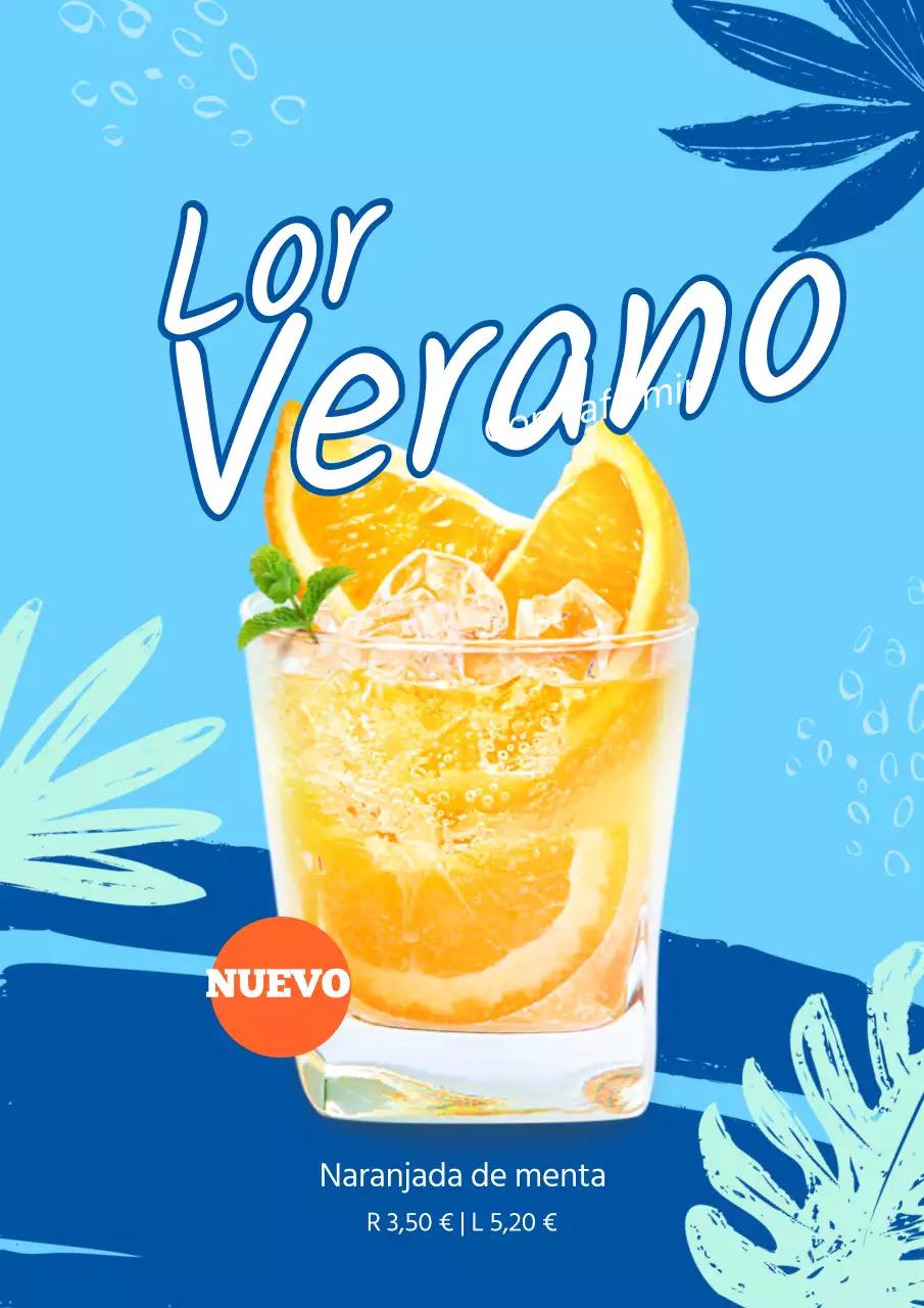 Anuncio de una nueva carta de bebidas con fondo azul tropical