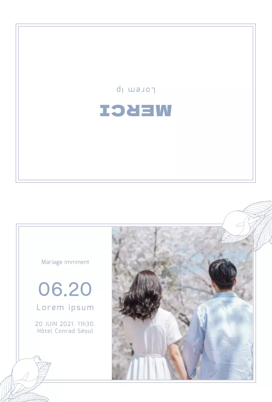 Invitation de mariage épurée avec des illustrations bleu clair