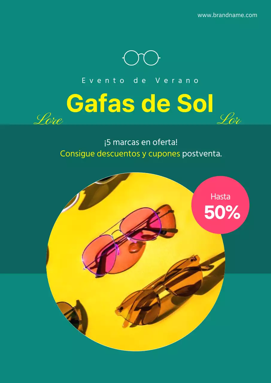 Folleto sencillo en verde y amarillo sobre descuentos en gafas de sol