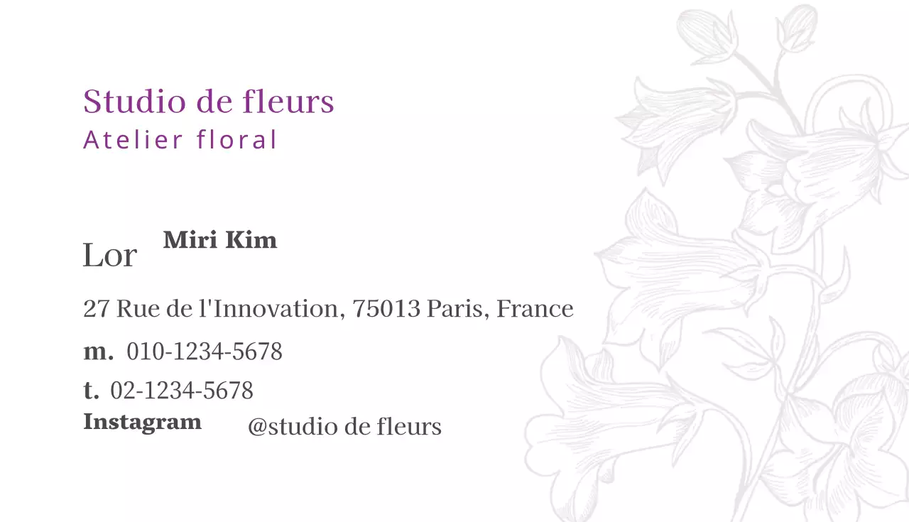 Carte de visite du Studio des fleurs illustrées en violet