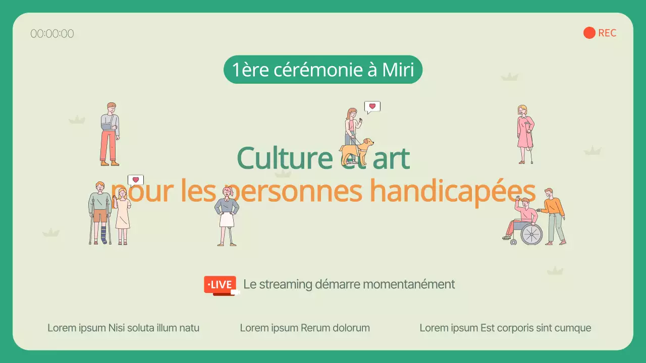 Diffusion en continu d'un événement culturel destiné aux personnes handicapées, avec un concept illustré en ivoire et en vert.