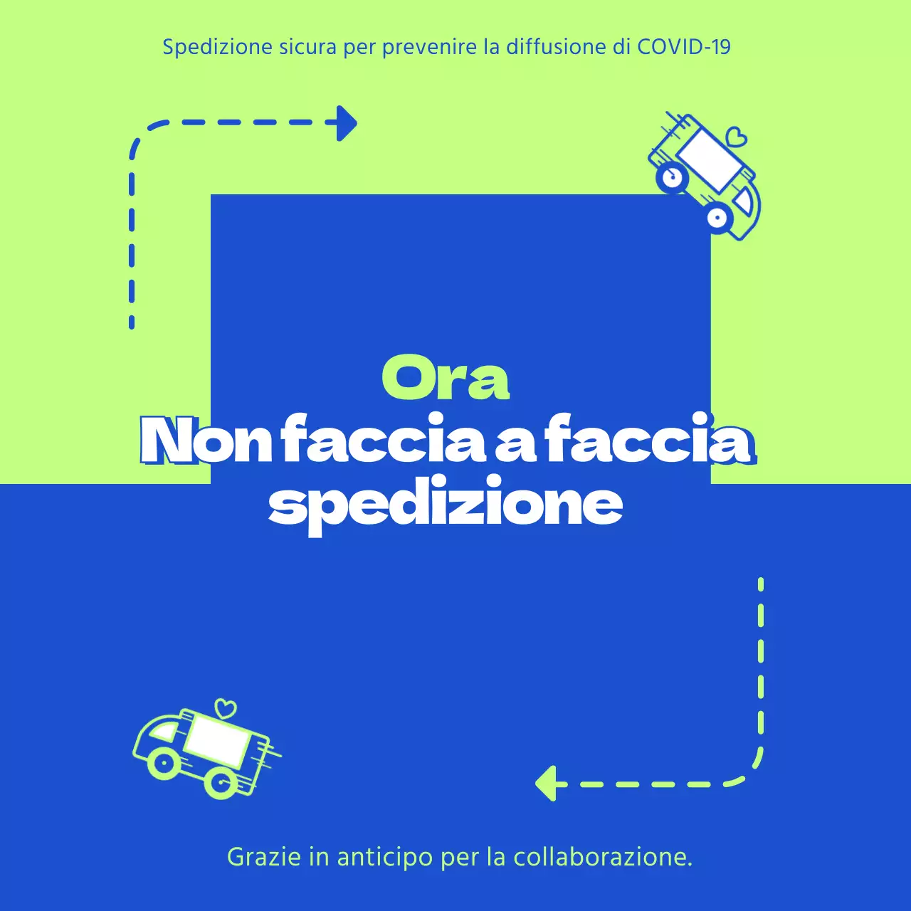 Banner colorato durante la consegna contactless con illustrazione di un corriere su sfondo blu chartreuse