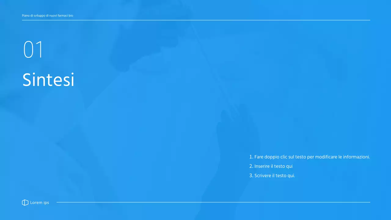 Un business plan pulito e dai toni blu per un'azienda farmaceutica che sviluppa un nuovo farmaco.