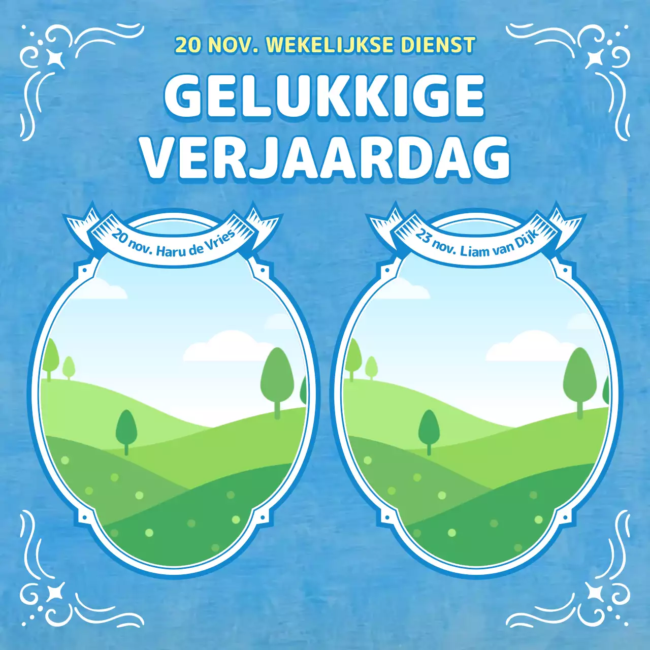 Aanbiddingsbulletin in lichtblauwe tinten met christelijke illustraties