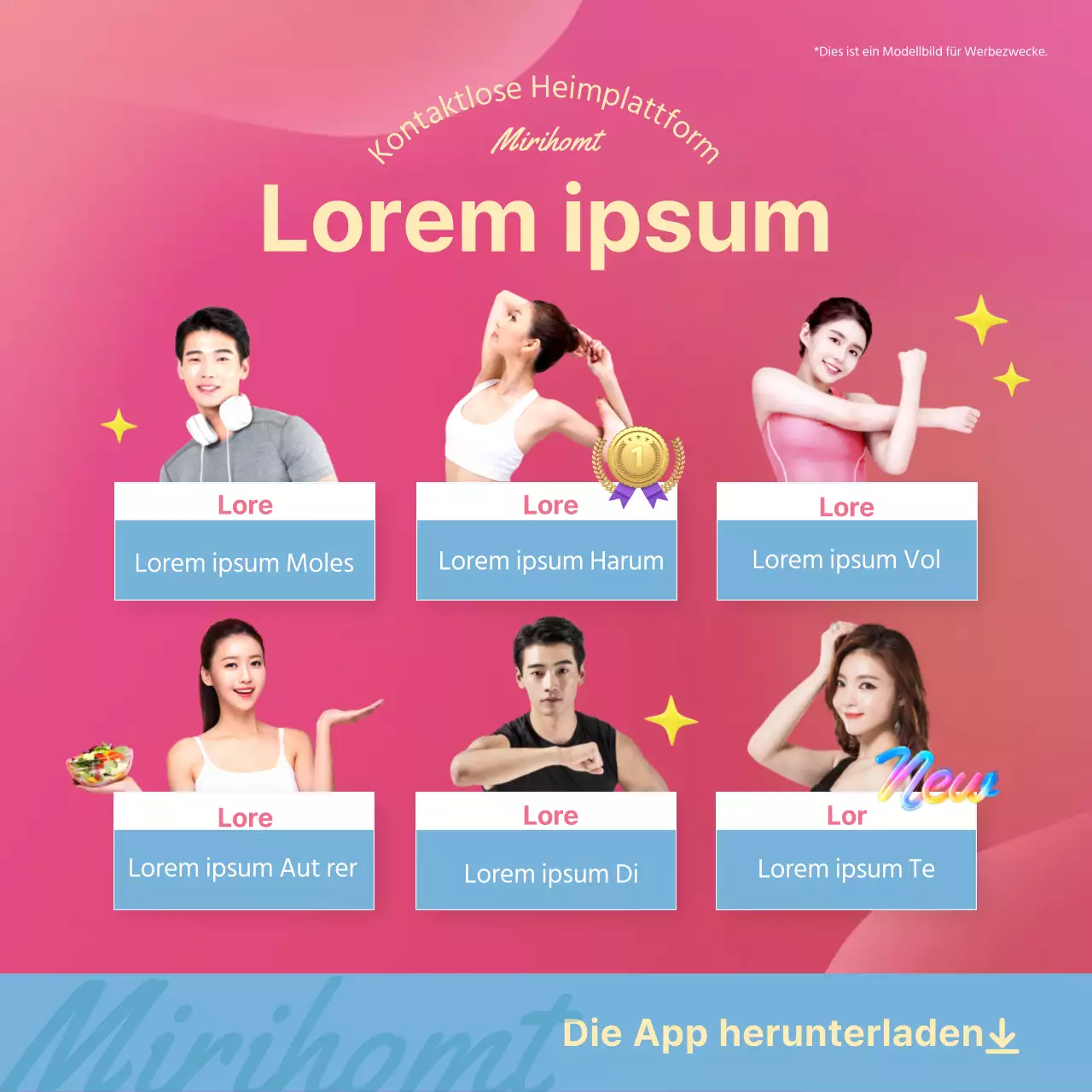 Bewerben Sie eine niedliche 3D-Anwendung für eine kontaktlose Trainingsplattform für zu Hause in Grün und Rosa.